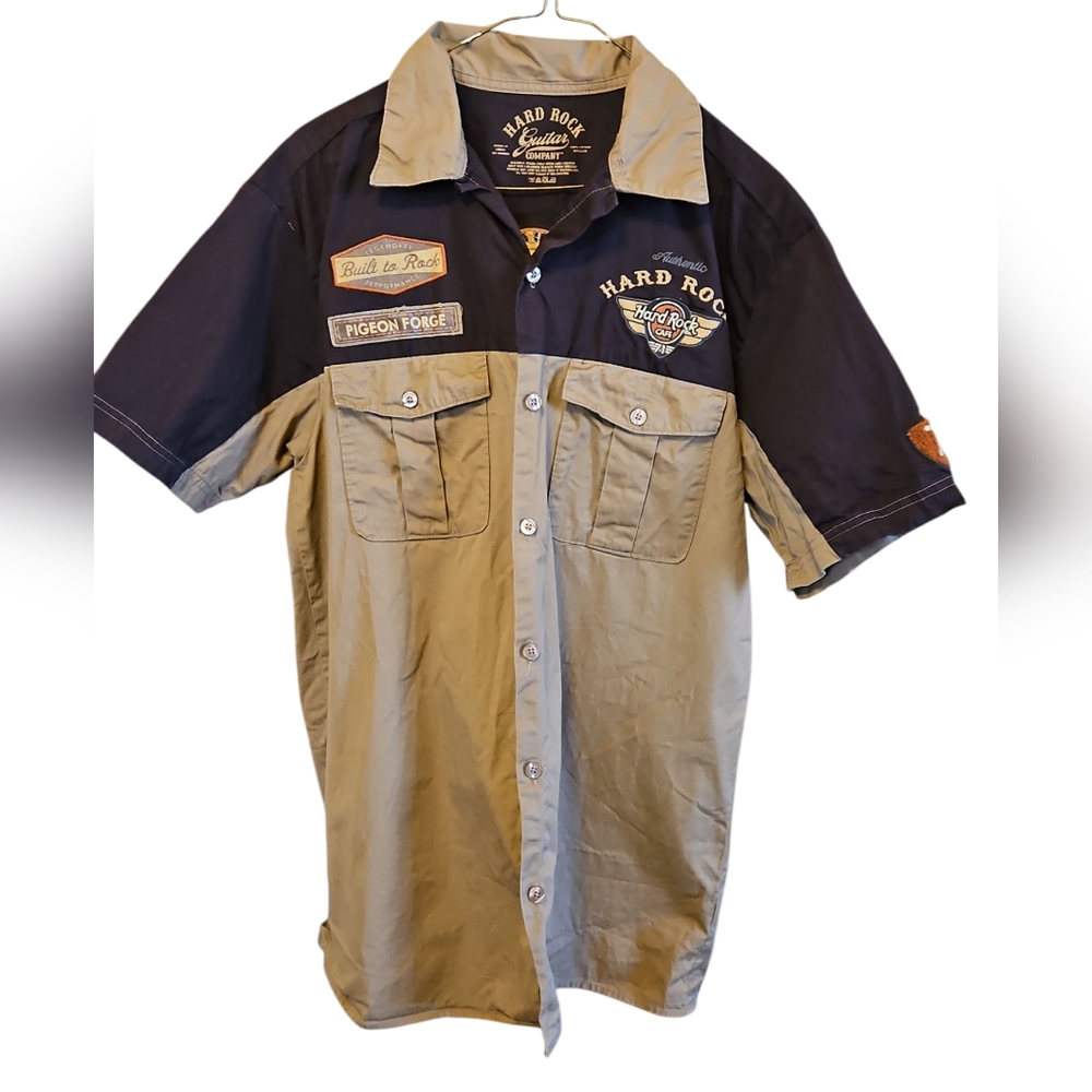 Hard Rock Cafe Guitar Company Men's Two-Tone Shirt - Black and Tan Med NWT